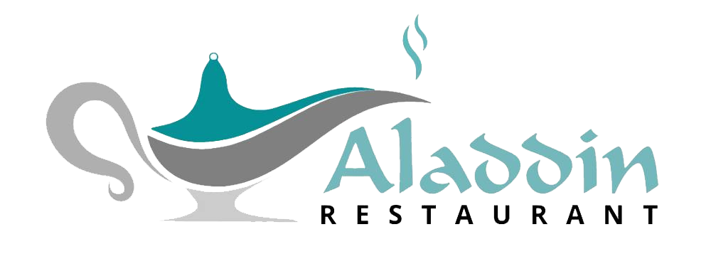 The logo for aladdin restaurant shows a lamp with smoke coming out of it.