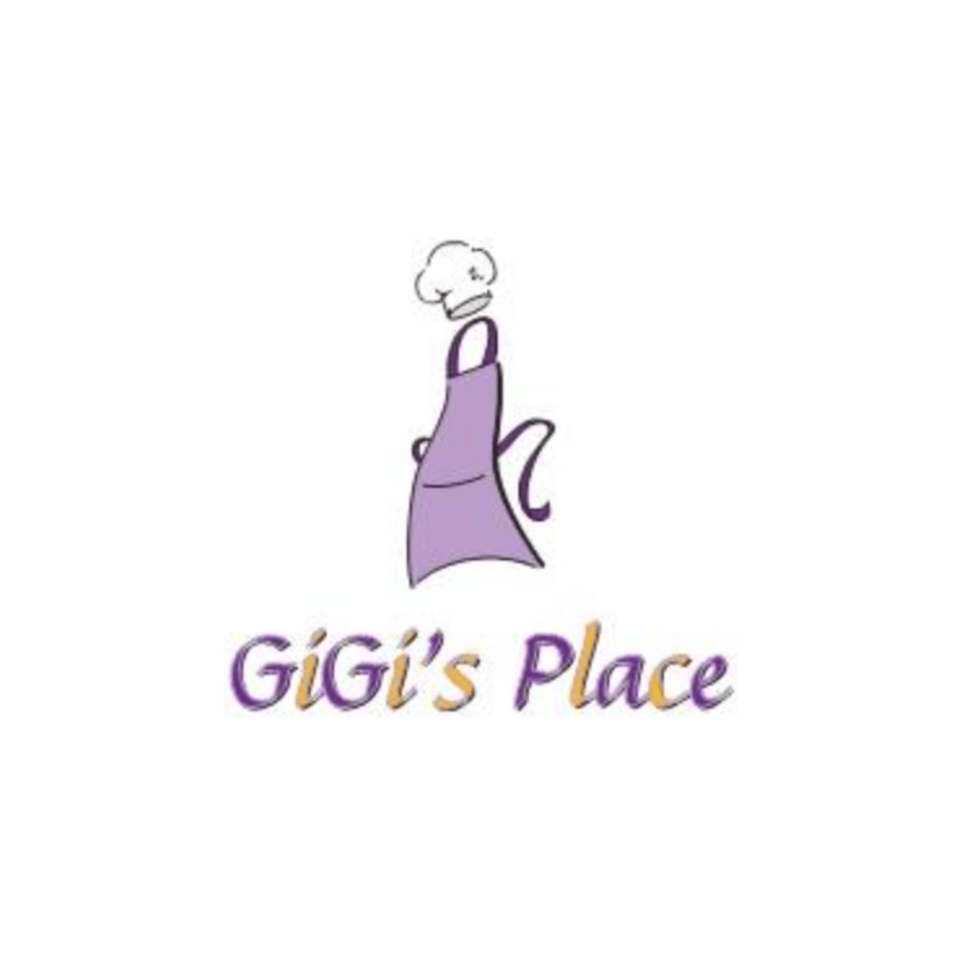 A logo for gigi 's place with a purple apron and chef 's hat.