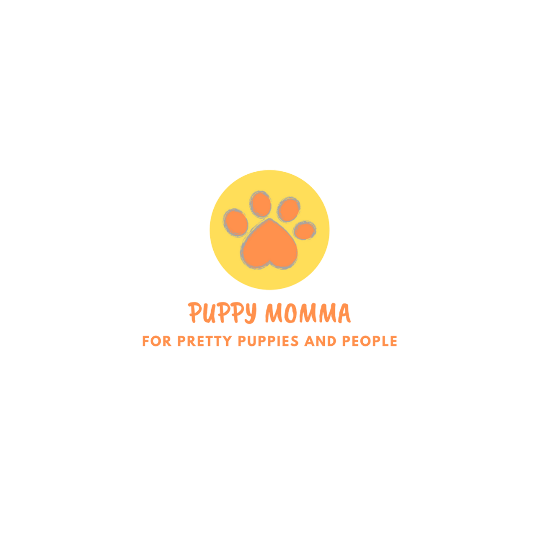 A puppy momma logo with an orange paw print in a yellow circle.