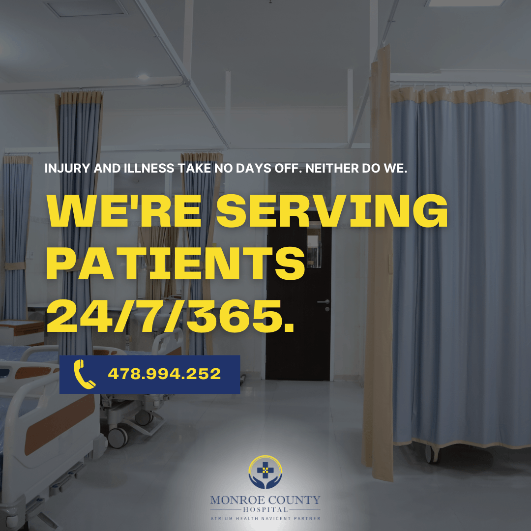 A poster that says we 're serving patients 24 7 365