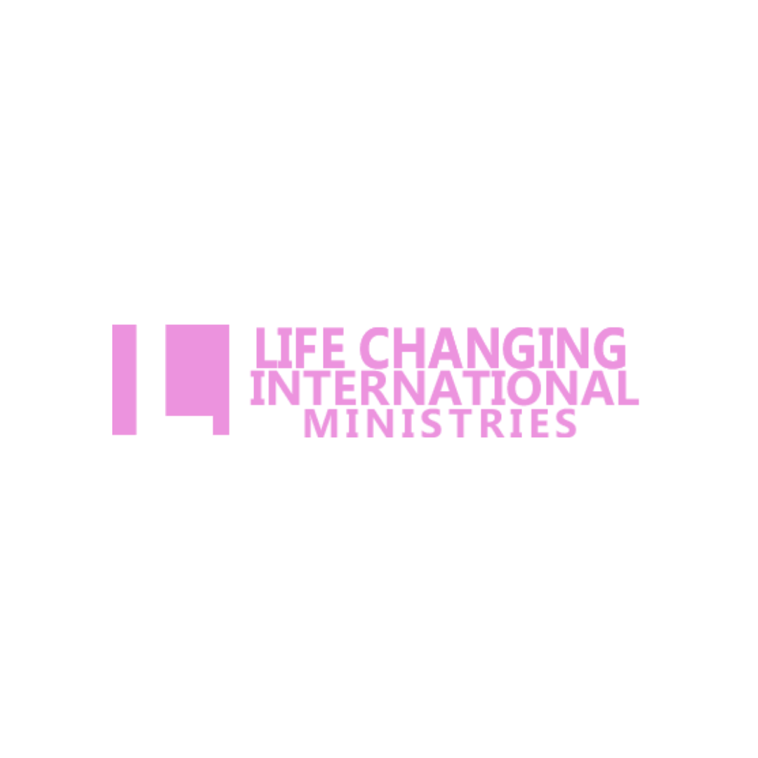 A pink logo for life changing international ministries on a white background.