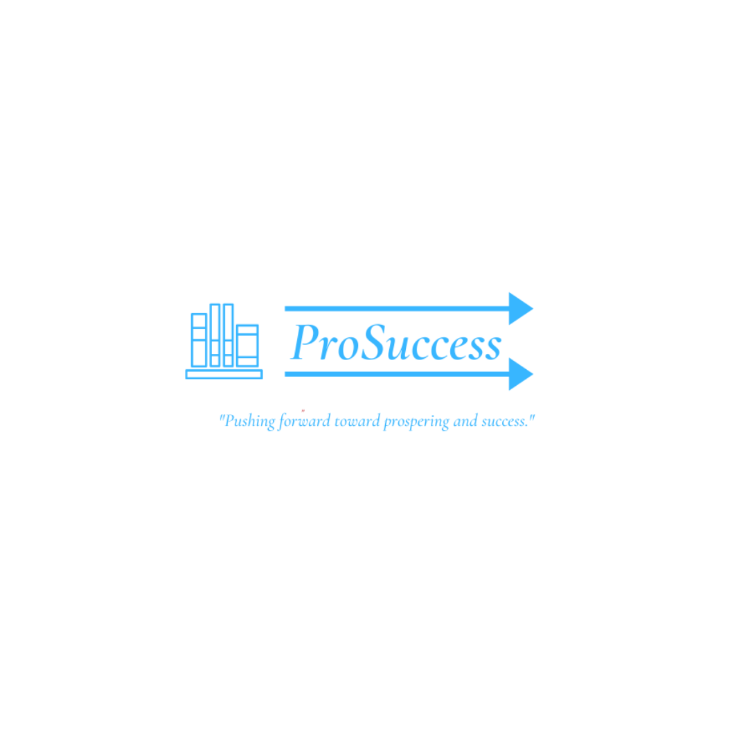 A blue logo for pro success with an arrow pointing to the right