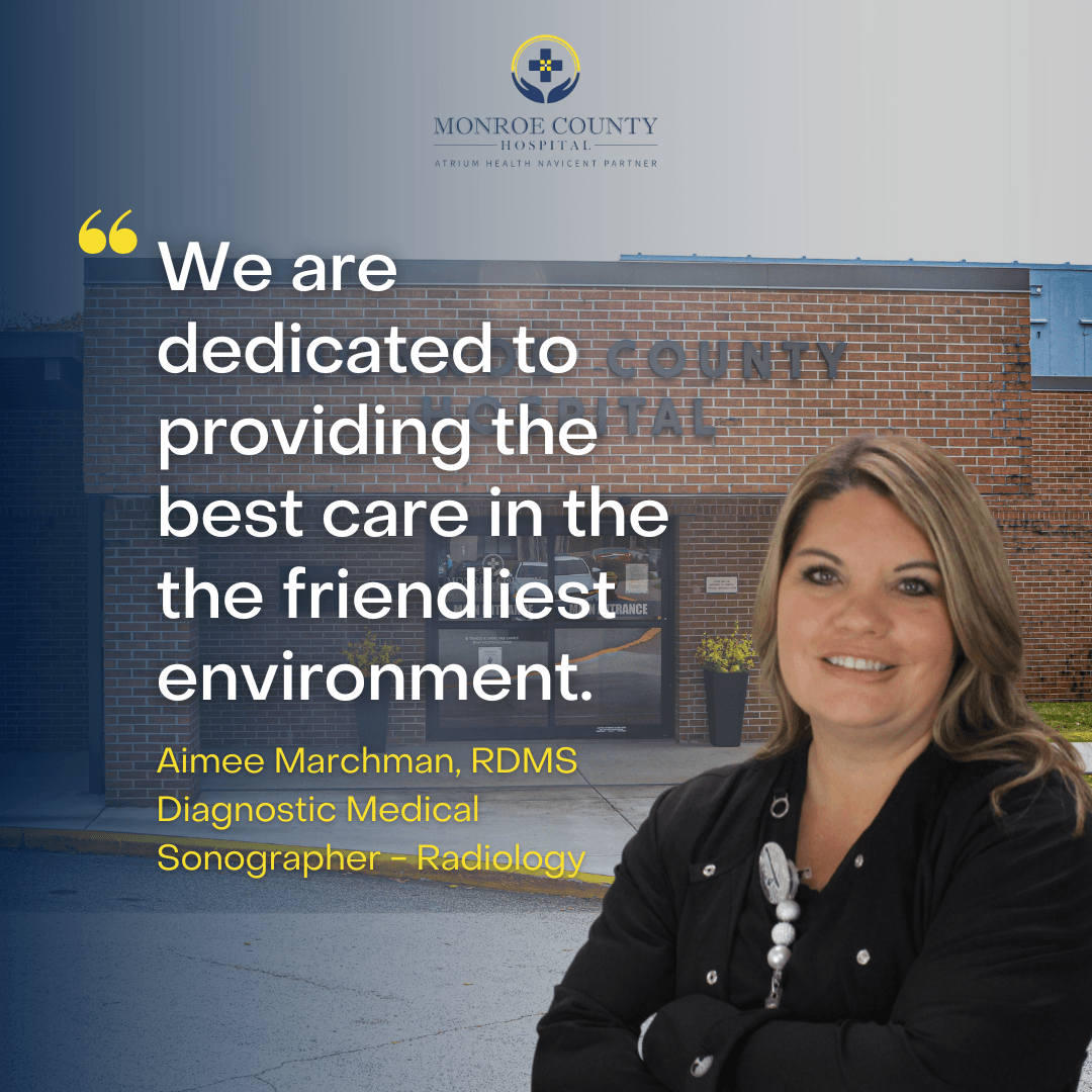 A woman is standing in front of a building with a quote about medical care.