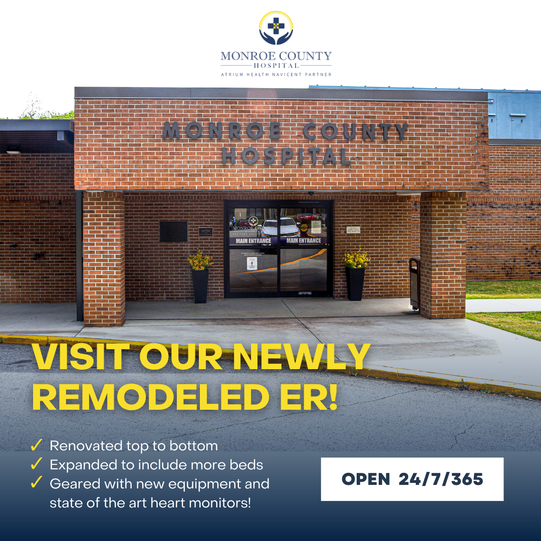 An advertisement for monroe county hospital says visit our newly remodeled er