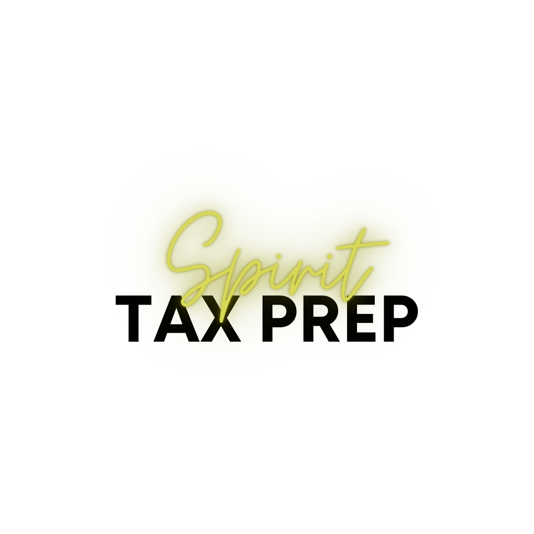The logo for spirit tax prep is yellow and black on a white background.