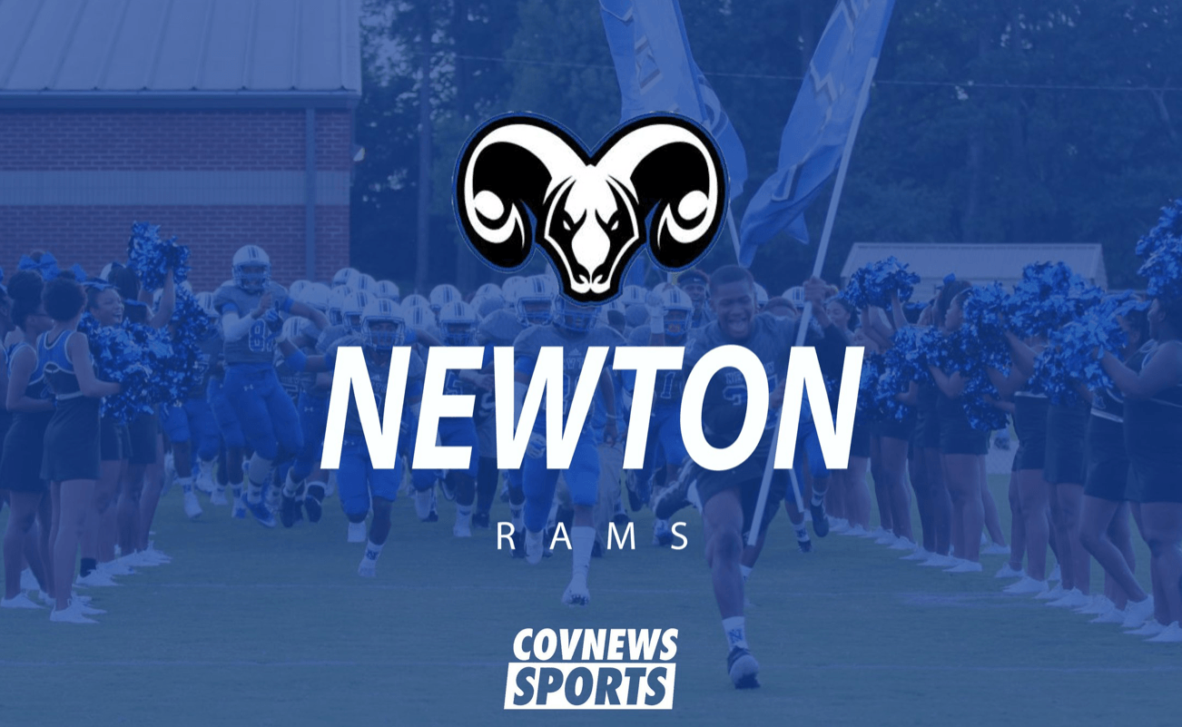 The newton rams logo is on a blue background with cheerleaders in the background.