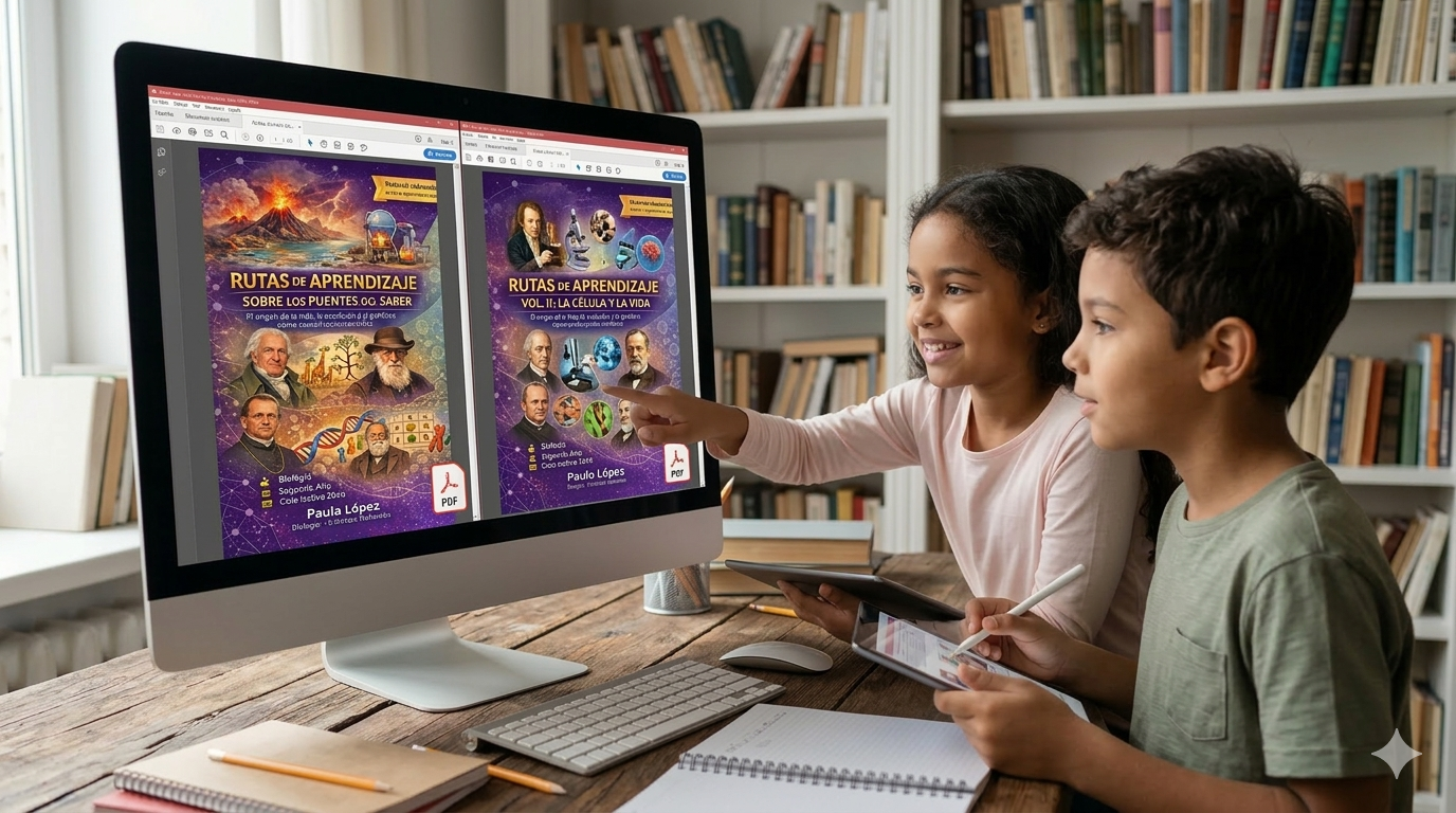 Dos niños están sentados en un escritorio, mirando la pantalla de una computadora.