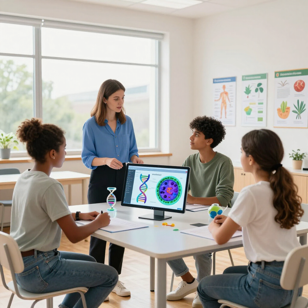 En un aula, un profesor y tres alumnos se reúnen alrededor de una pantalla de ordenador que muestra diagramas científicos.