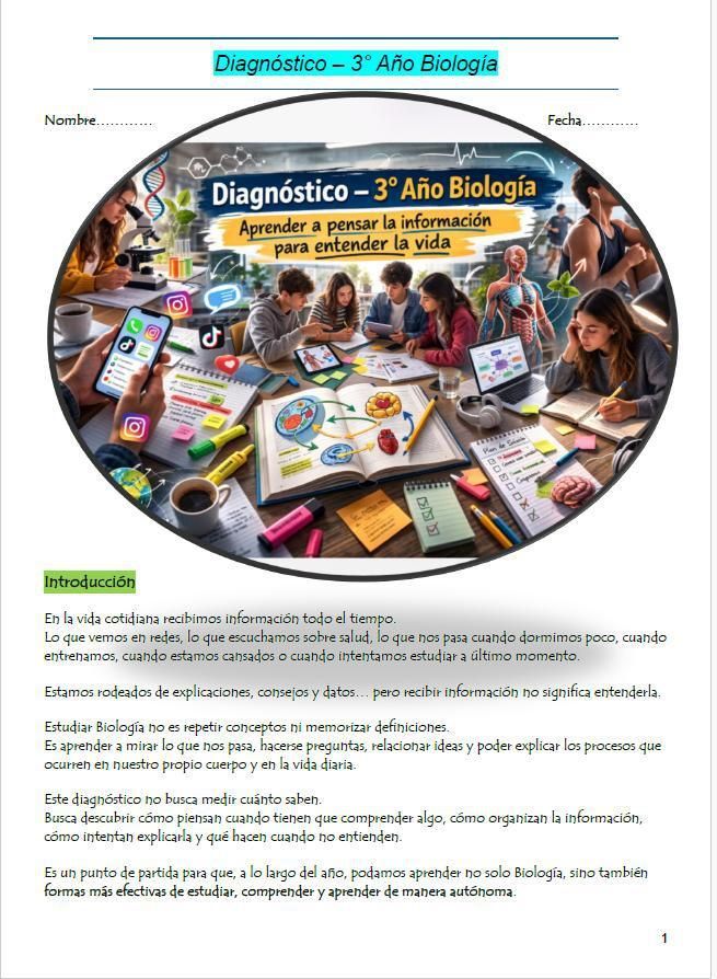 Una ficha de diagnóstico para Biología de tercer año que incluye una ilustración circular de estudiantes estudiando .