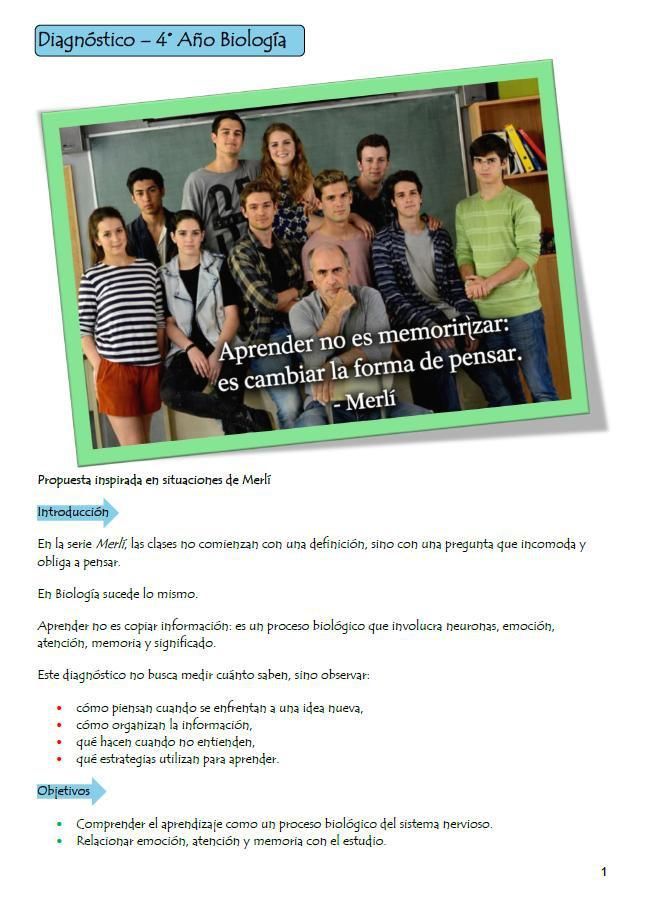 Un grupo de estudiantes se encuentra en un aula, detrás de una cita sobre el aprendizaje de Merlí