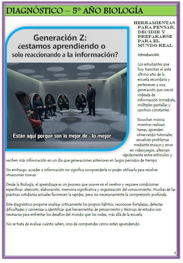 Una ficha de diagnóstico para Biología de quinto año que incluye una foto de personas en una habitación.