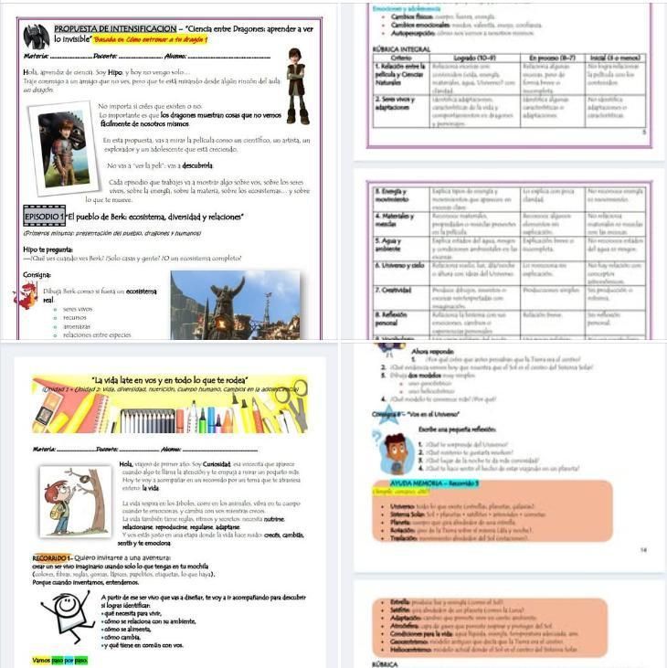 Un collage de cuatro fichas educativas con texto, tablas e ilustraciones de dibujos animados para una lección escolar.