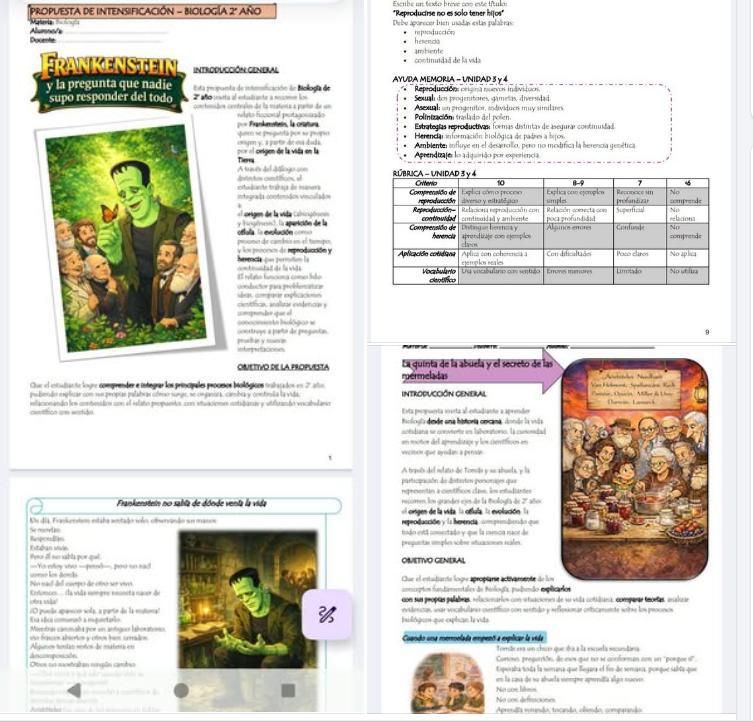 Material didáctico que incluye información sobre el monstruo de Frankenstein.os.