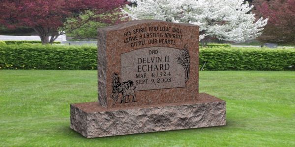 A gravestone in a cemetery with flowers in the background.