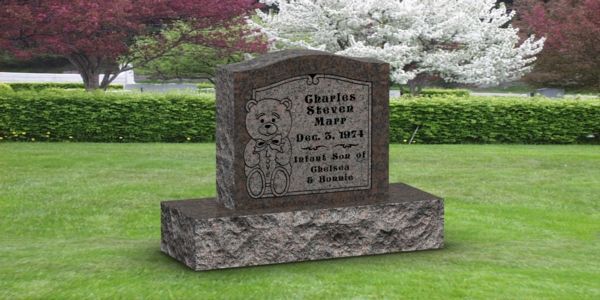 A gravestone in a cemetery with a dog on it.
