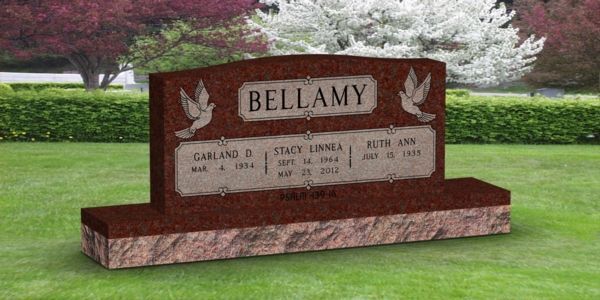 A red gravestone with the name bellamy on it