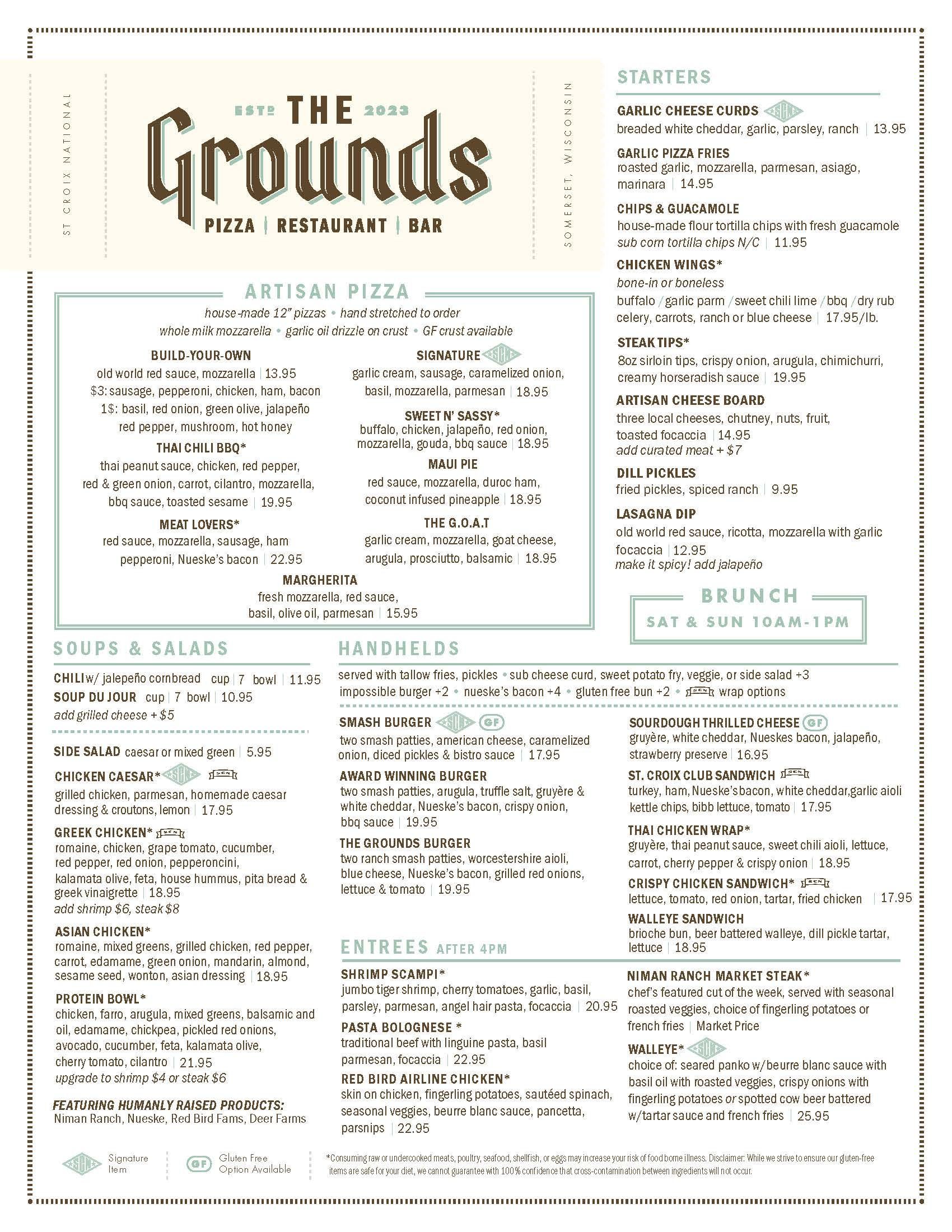 A menu for a restaurant called the grounds