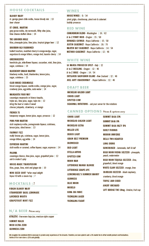 Cocktail menu for The Grounds Website