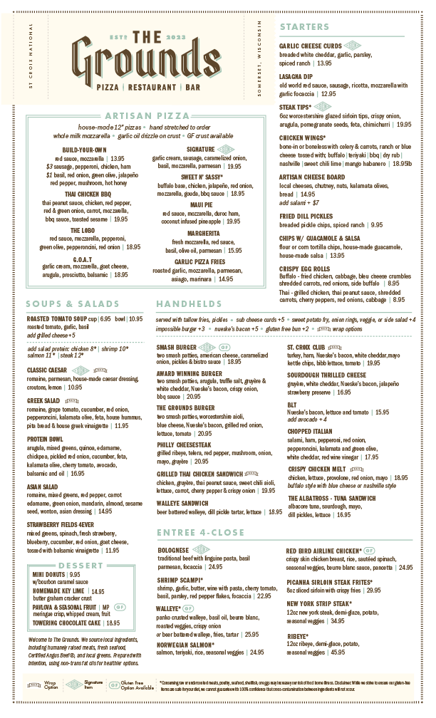 A menu for a restaurant called the grounds