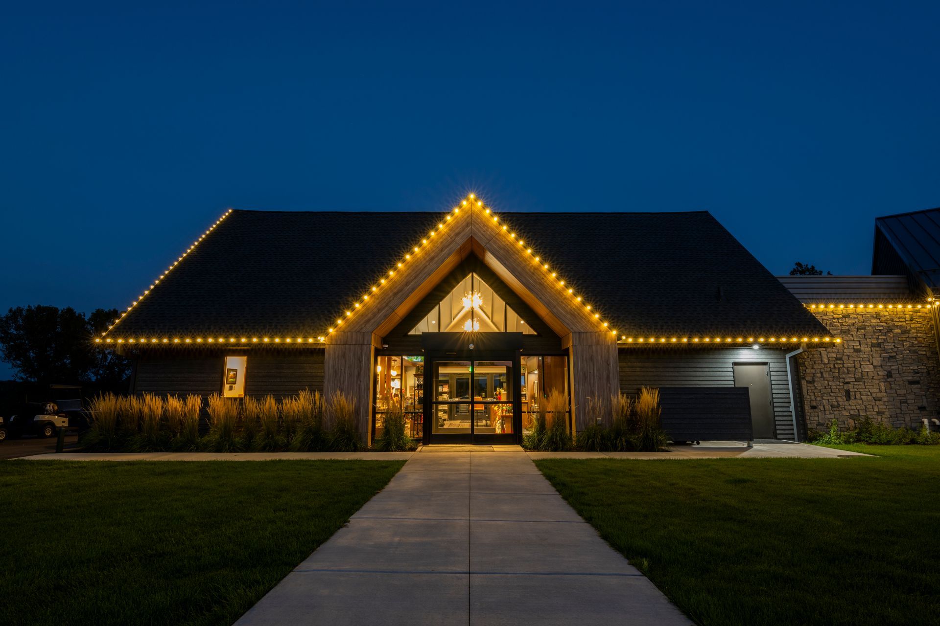 The clubhouse lit up at night