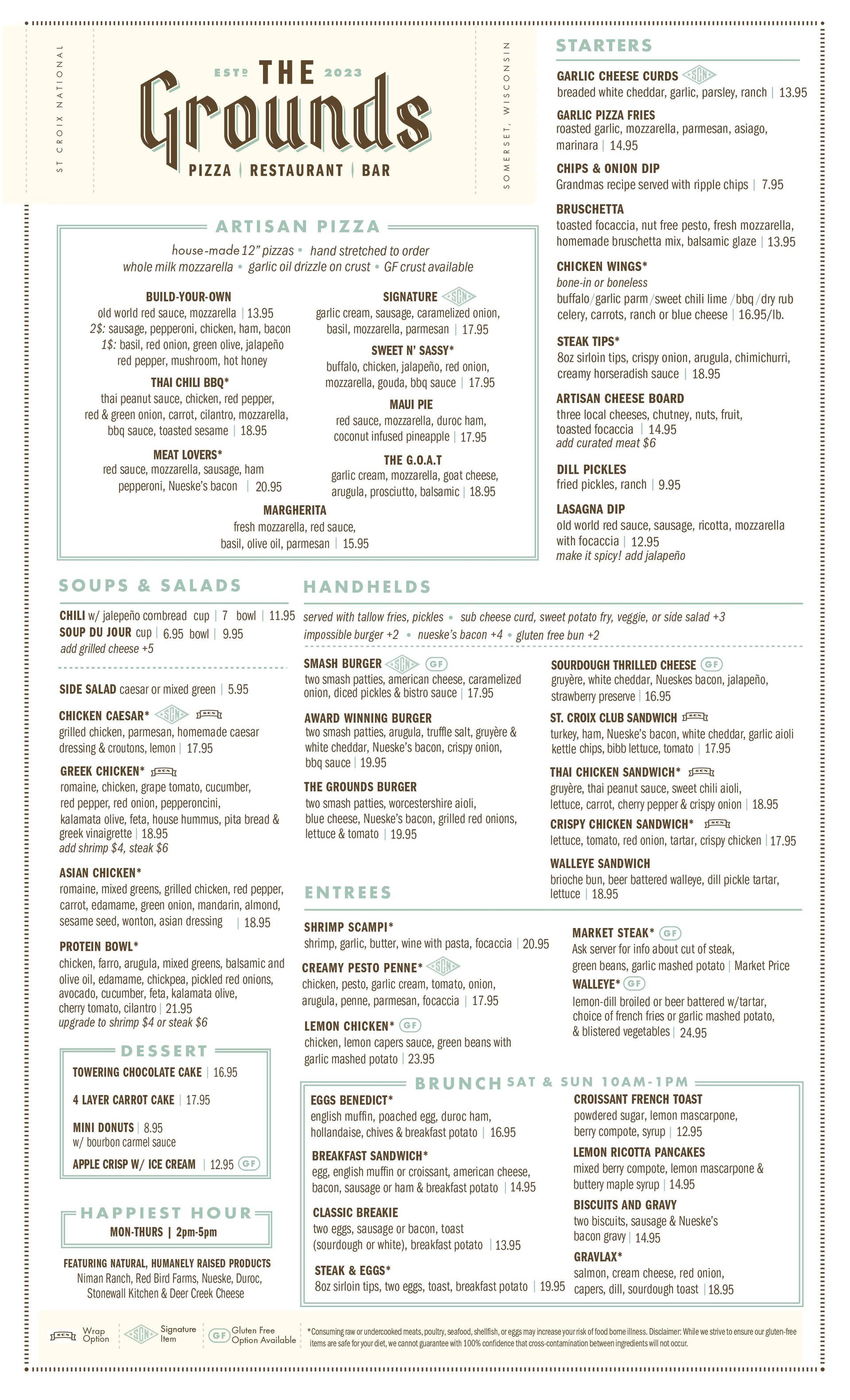 A menu for a restaurant called the grounds