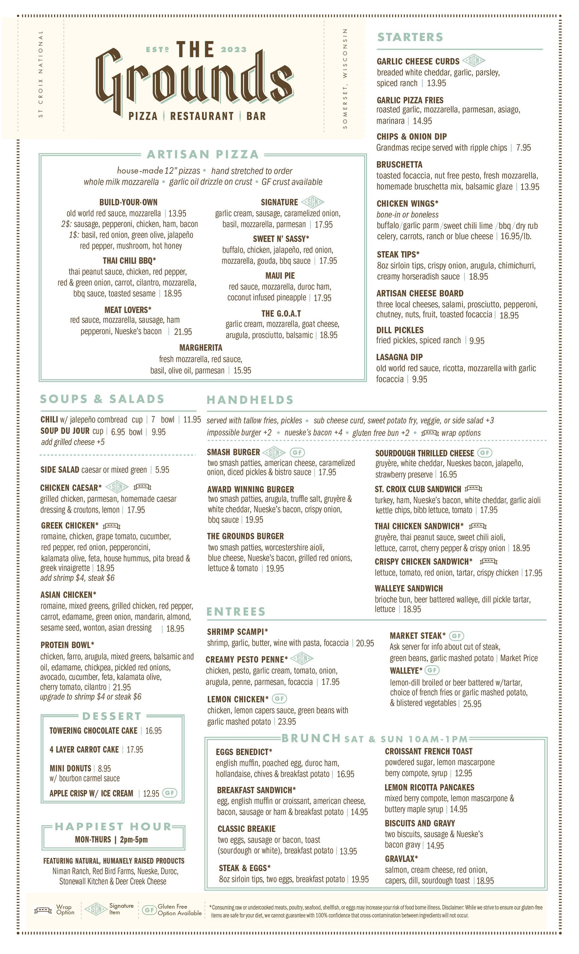 A menu for a restaurant called the grounds