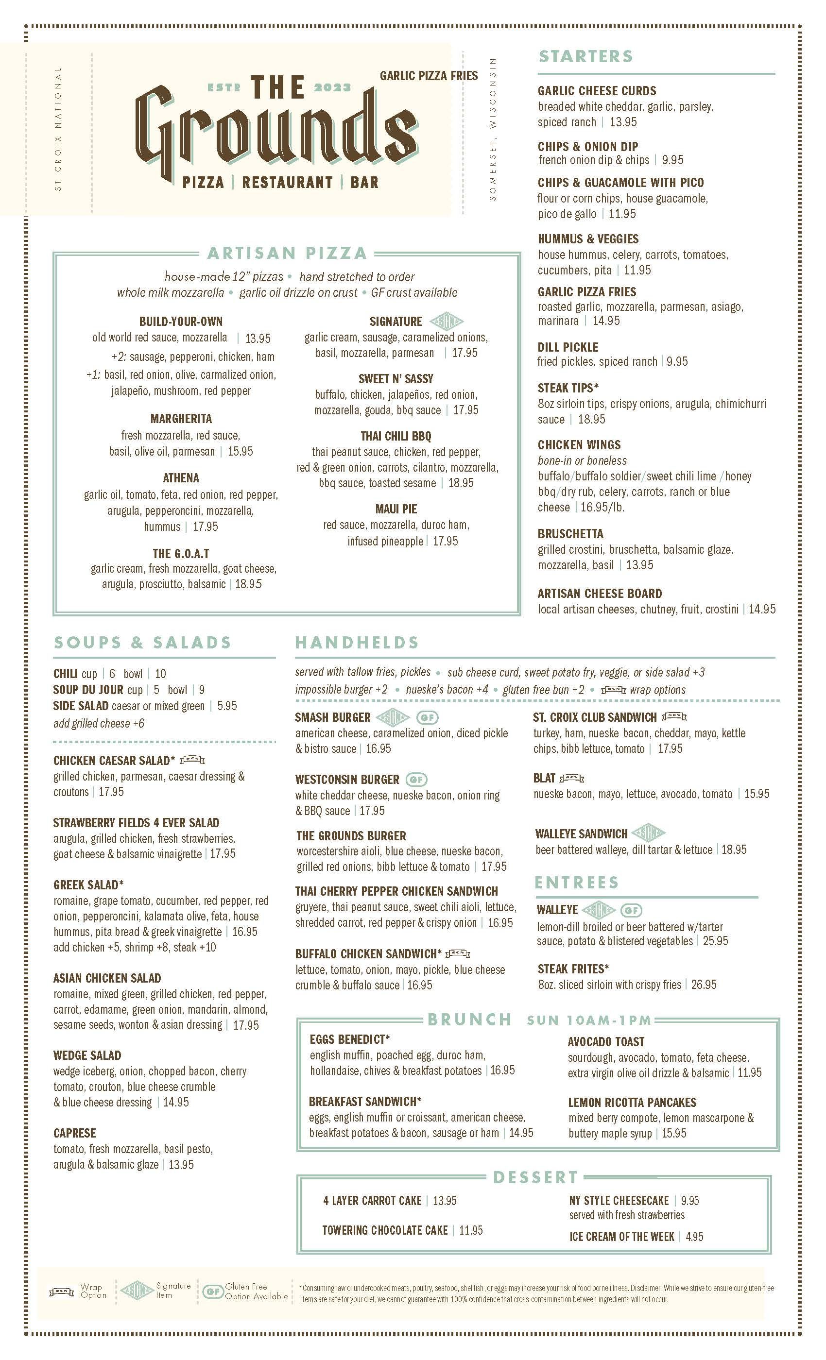 A menu for a restaurant called the grounds