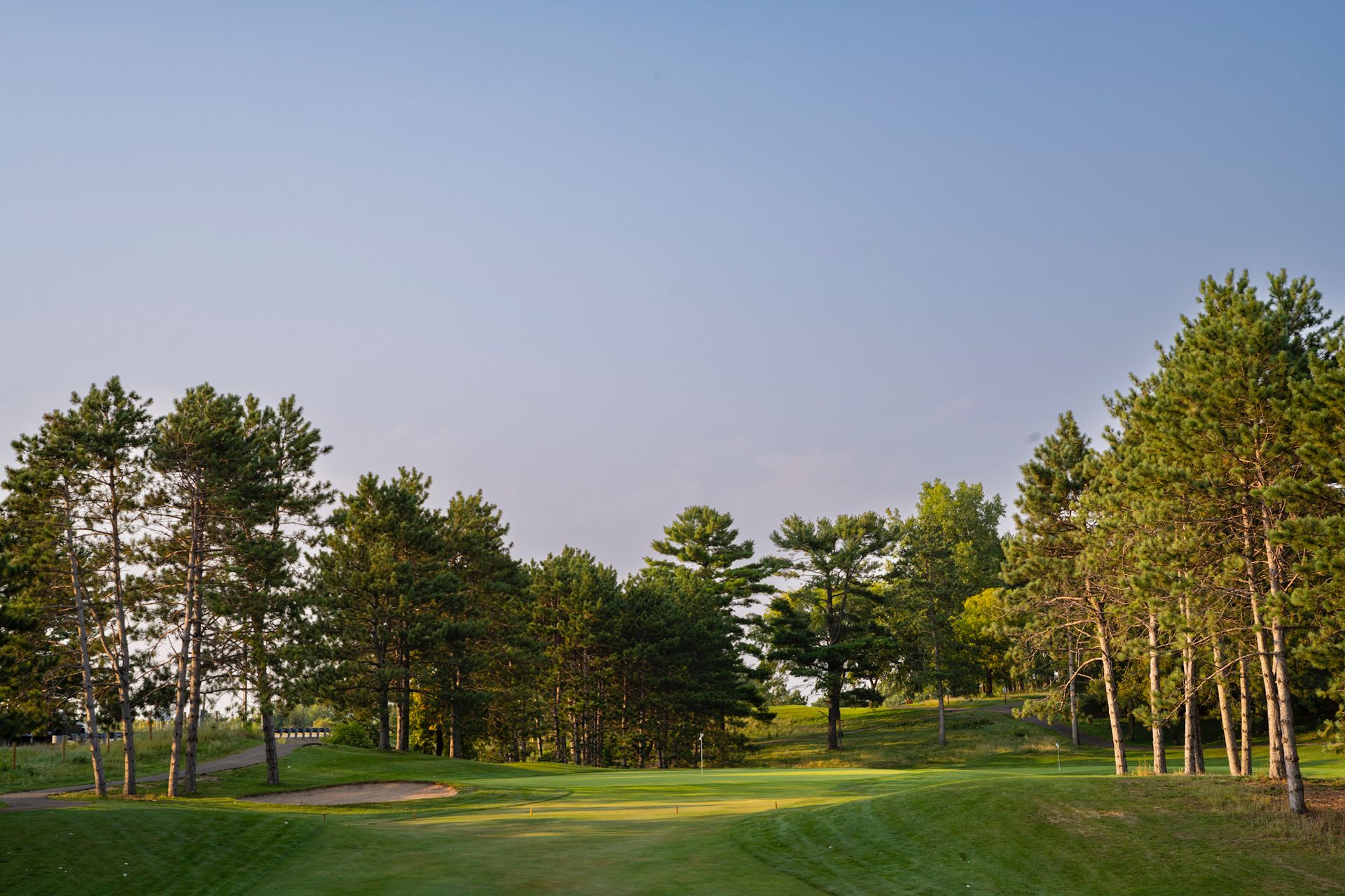 A golf course with trees and a blue sky in the background