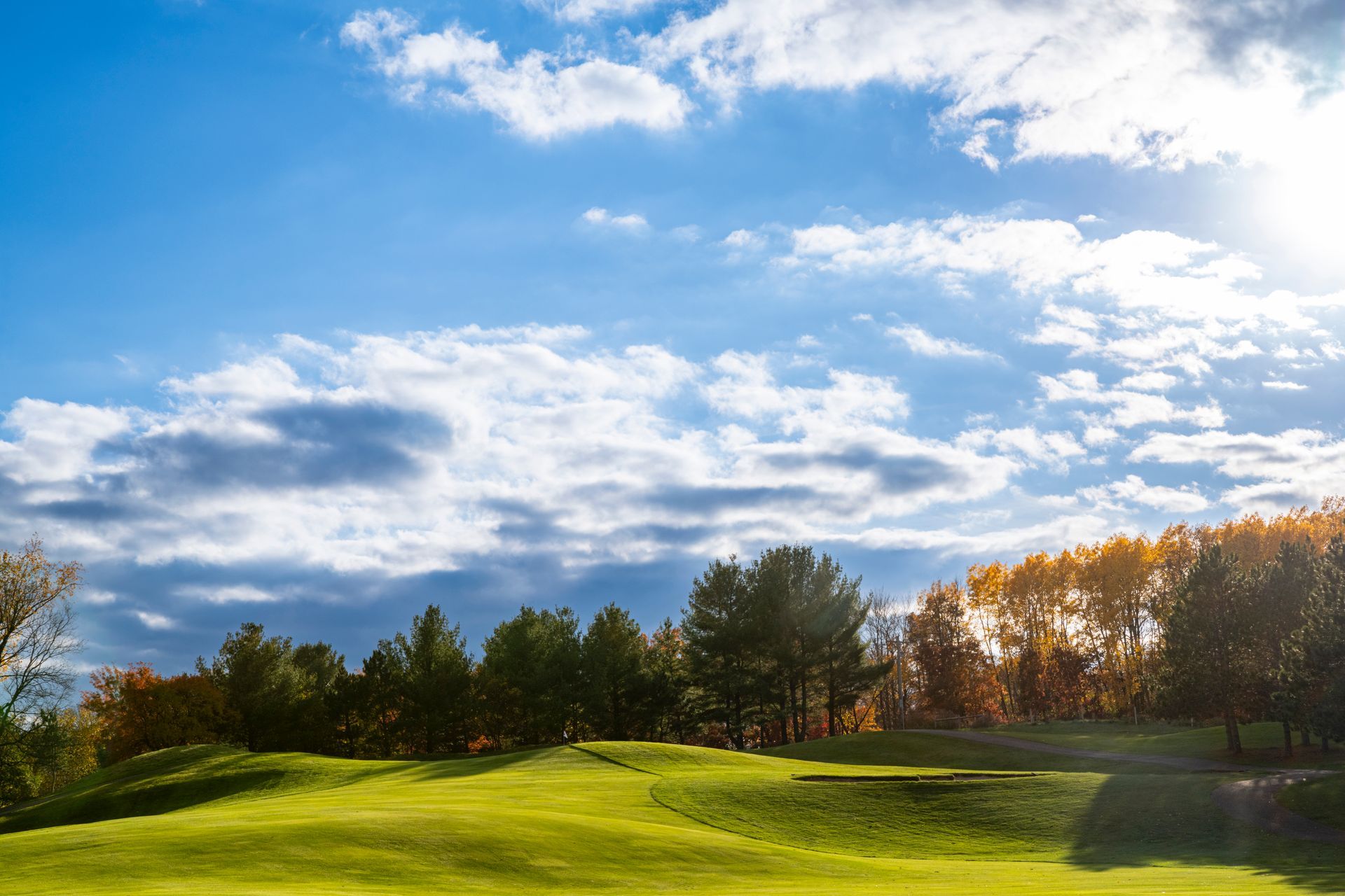 A golf course with trees in the background and a blue sky.