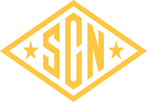 A yellow and white logo with the letters scn and stars on a white background.