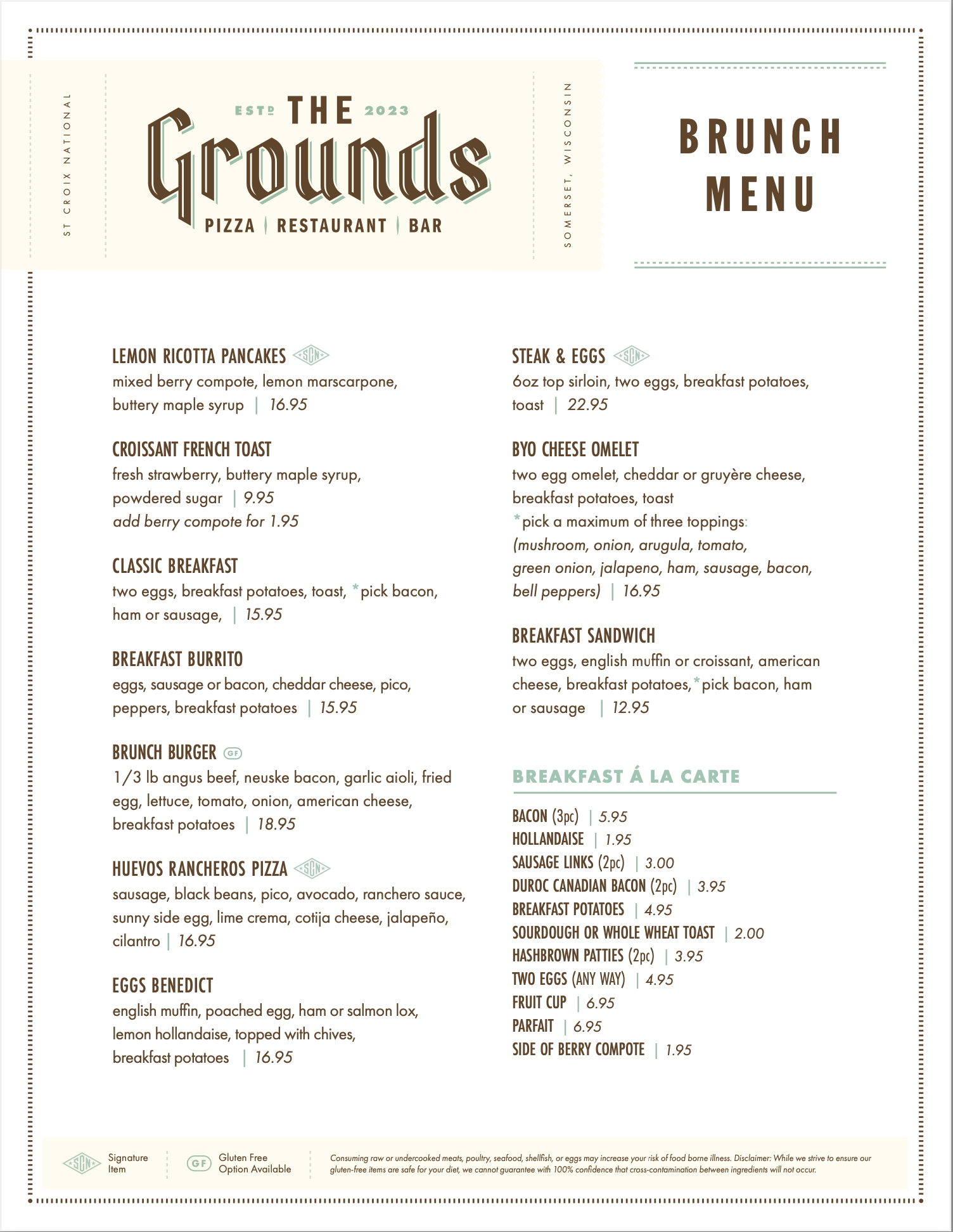 A menu for a restaurant called the grounds