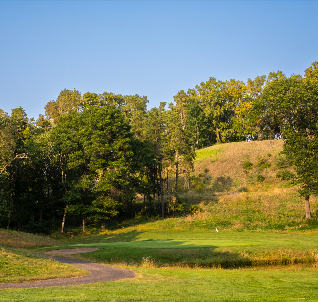 A golf course with a pond in the middle of it and trees in the background.