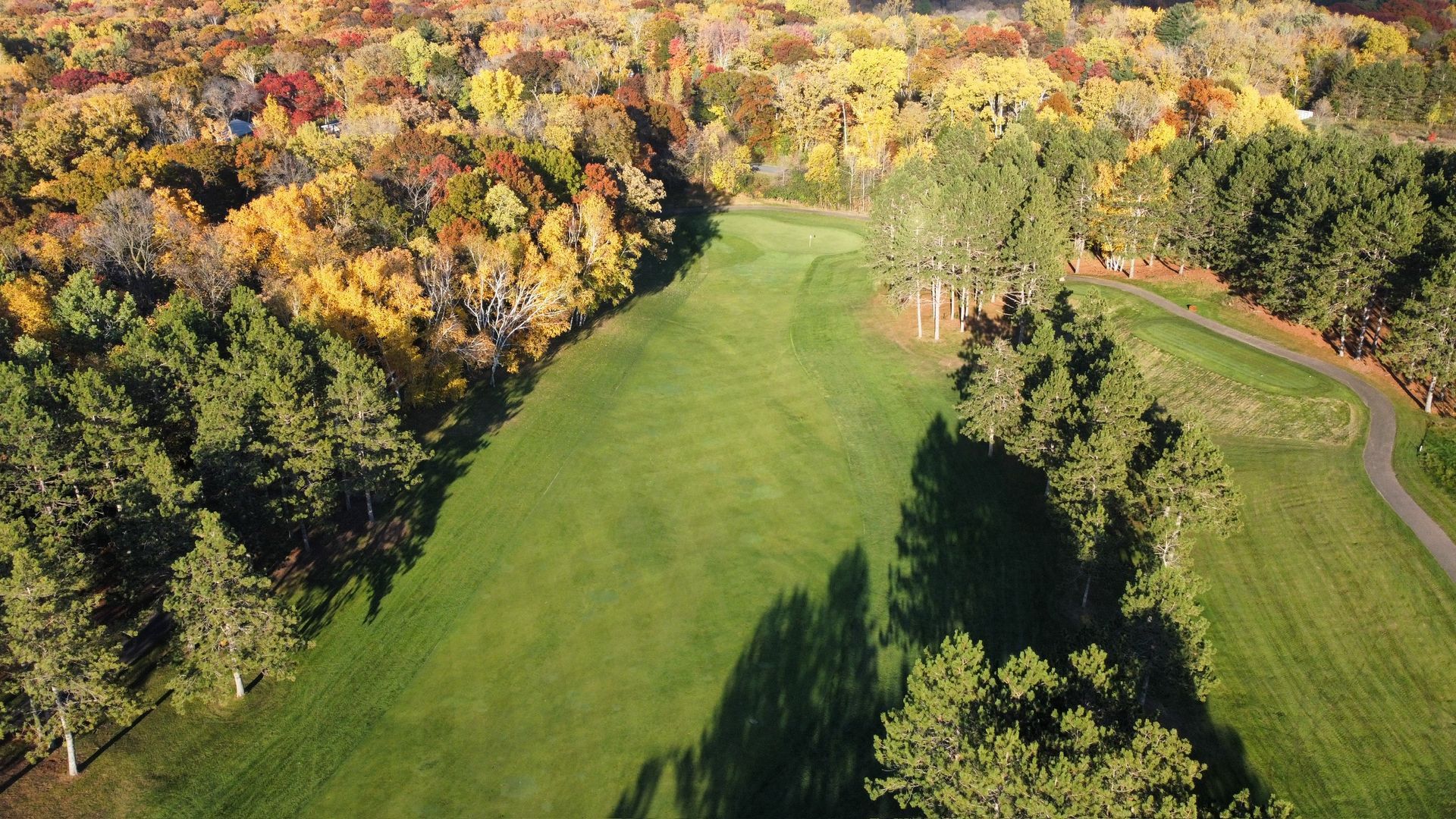 A golf course with trees and a blue sky in the background.