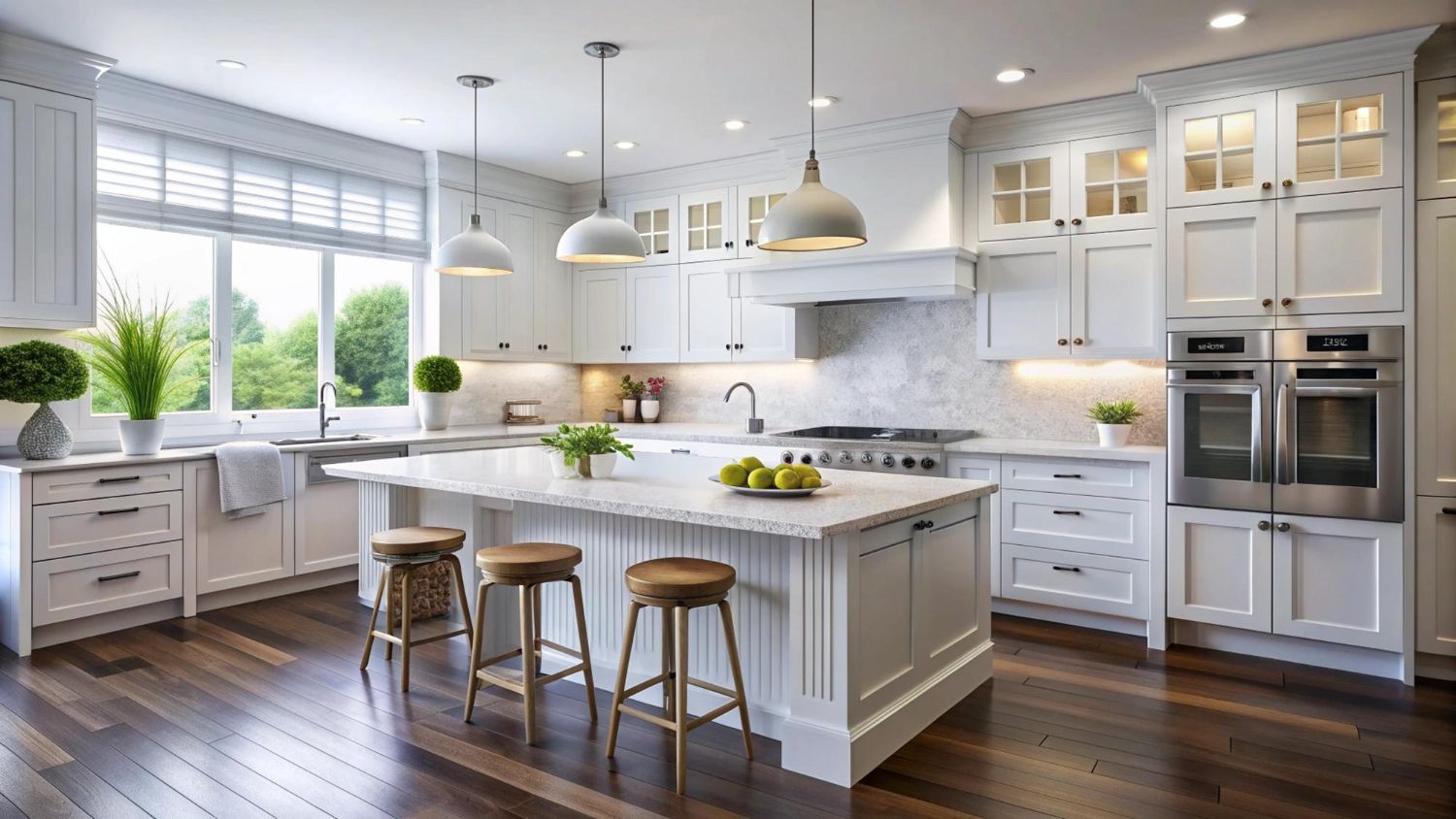 White kitchen with island, marble countertops, stainless steel appliances, and wooden floors.
