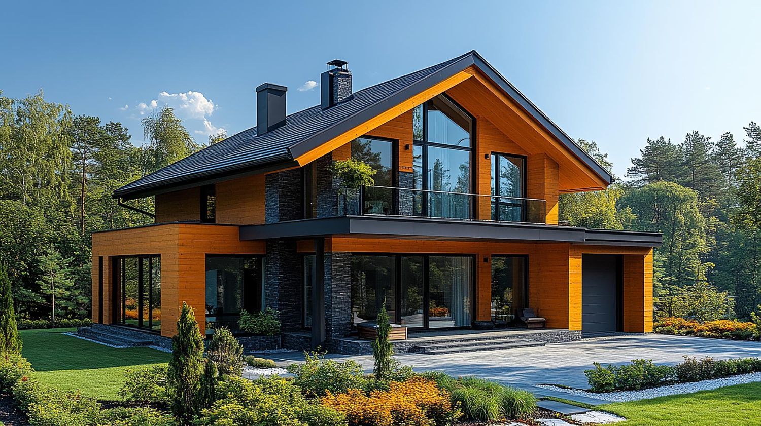 A large house with a lot of windows is surrounded by trees.