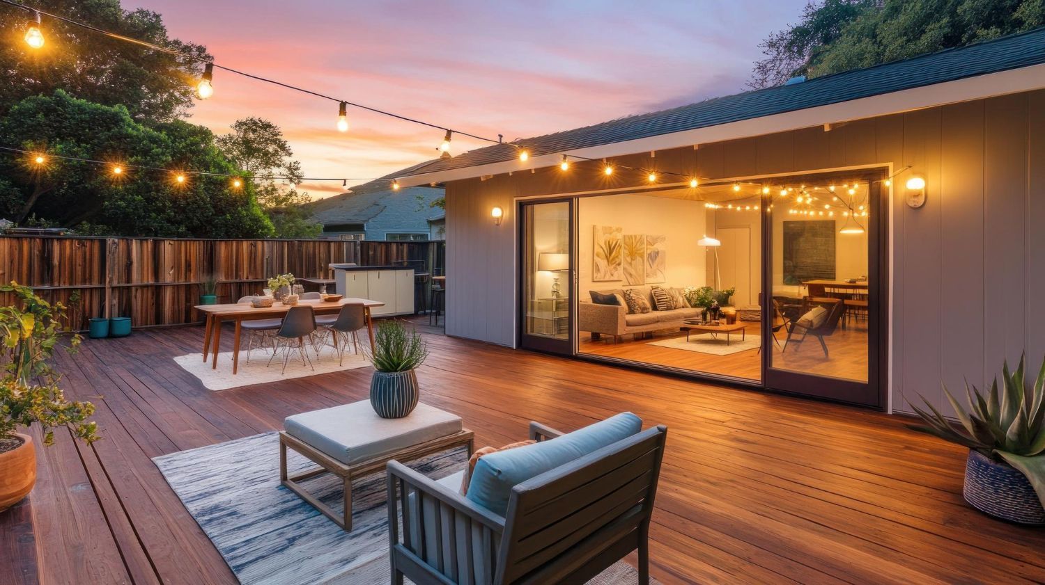 Backyard patio at sunset with string lights, wooden deck, dining table, and open sliding doors into a living room.