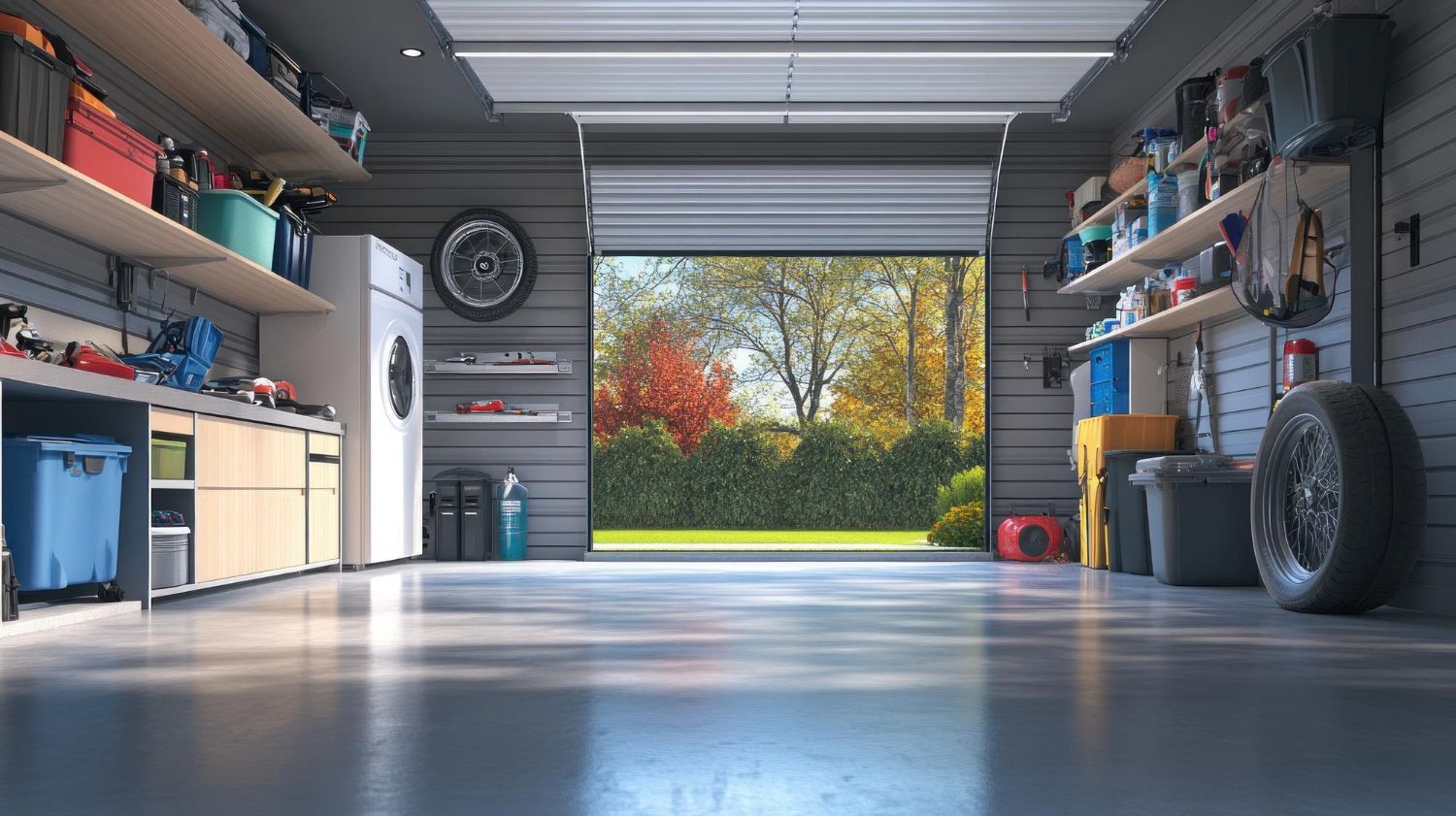 Garage interior with open door revealing a backyard scene; shelves, tools, and a car tire are visible.