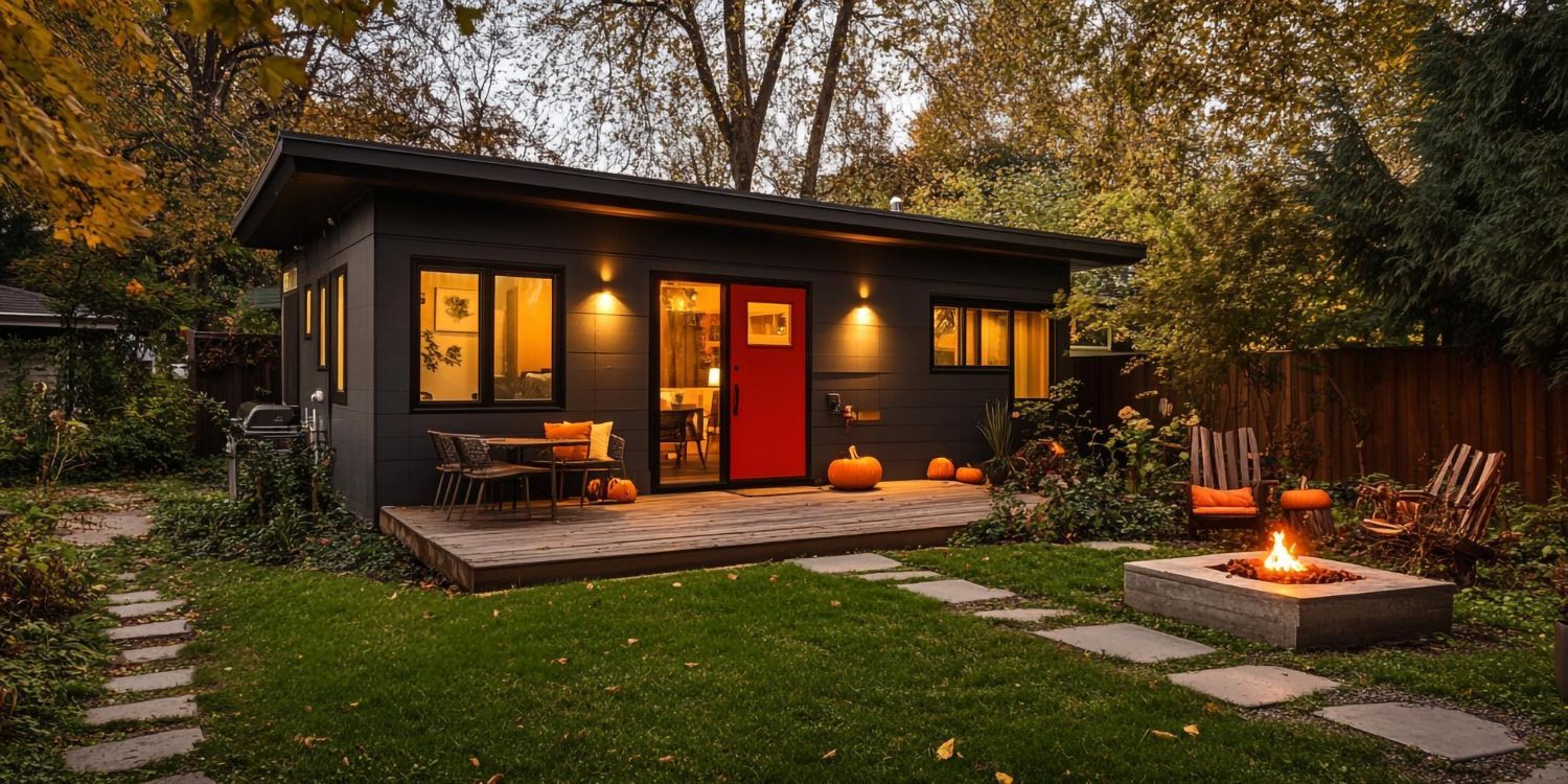 Cozy cabin with a red door, lit windows, and a fire pit in the yard, autumnal setting.