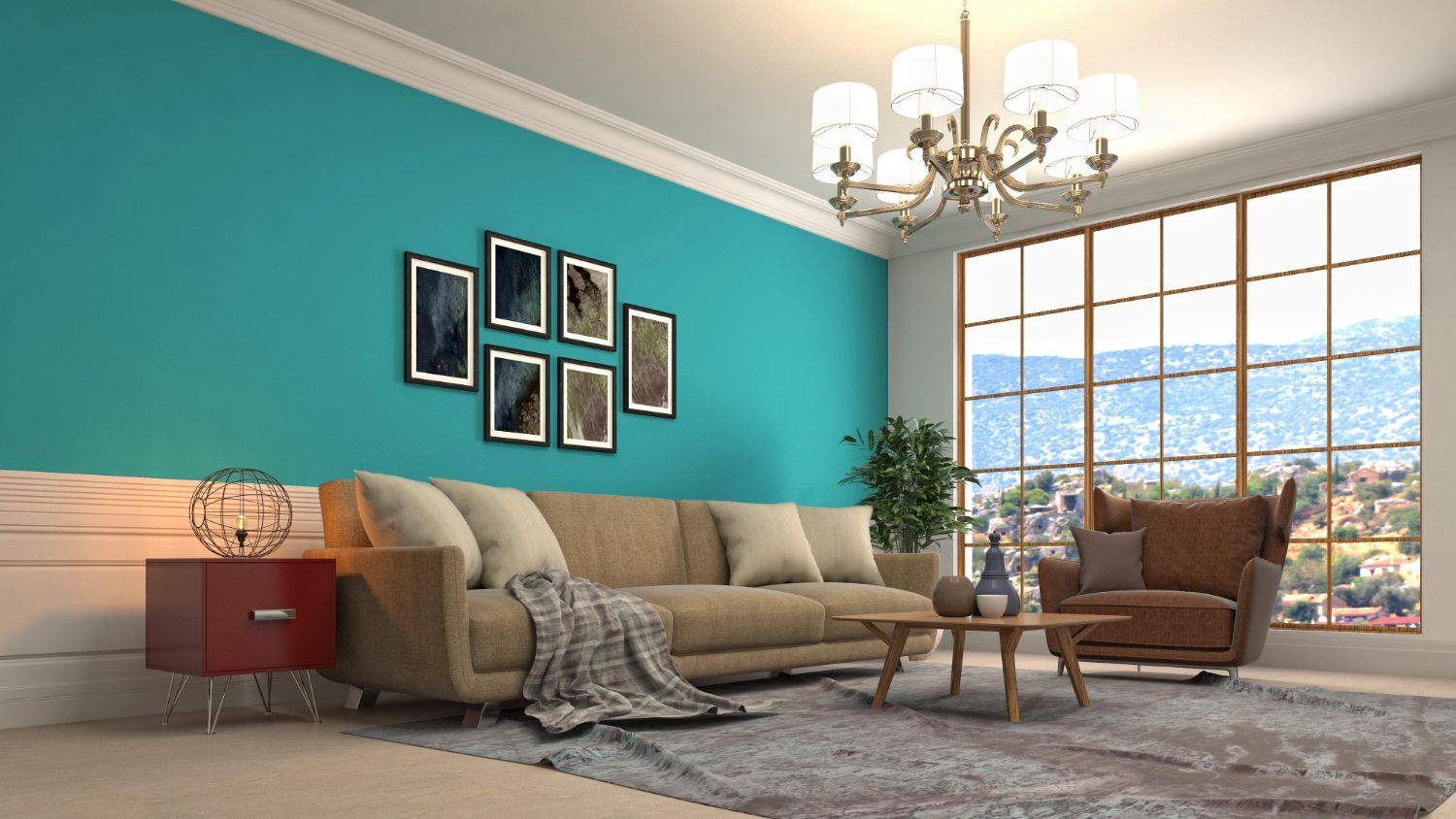 Living room with teal wall, sofa, armchair, coffee table, and large window overlooking a landscape.