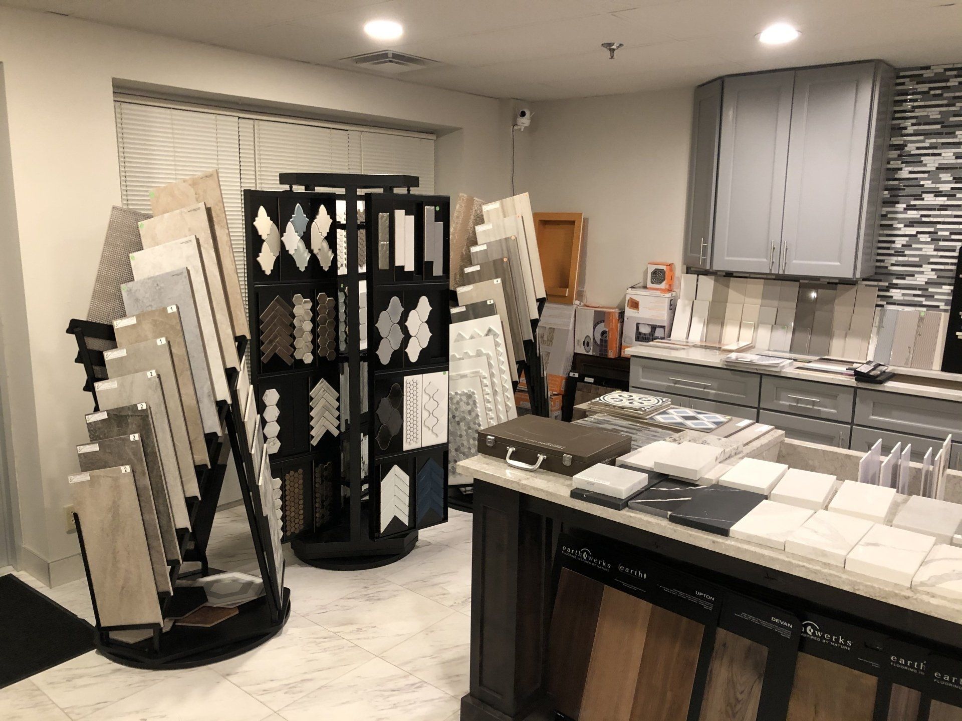There are many different types of tiles on display in this St.Paul showroom.