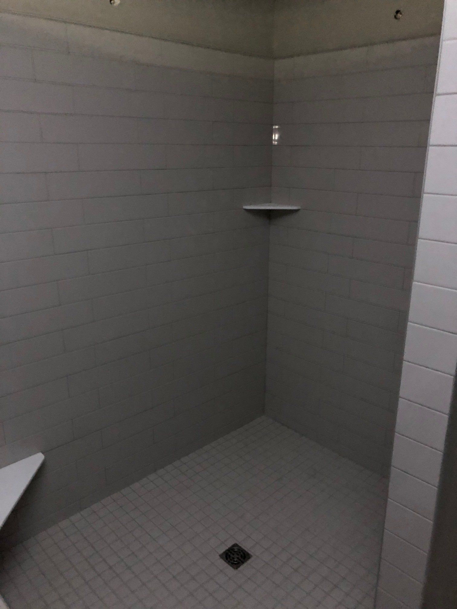 A bathroom with a walk in shower and a shelf.