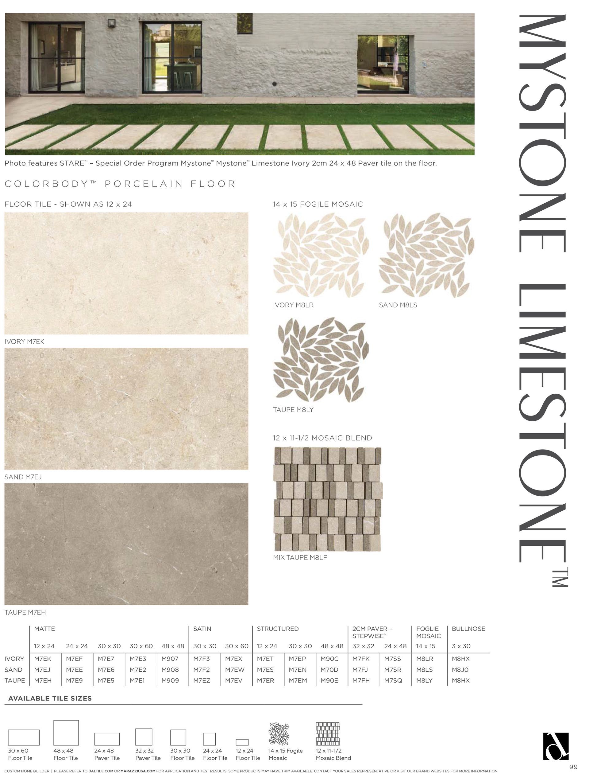 A brochure for mystone limestone tiles with a picture of a house in the background.