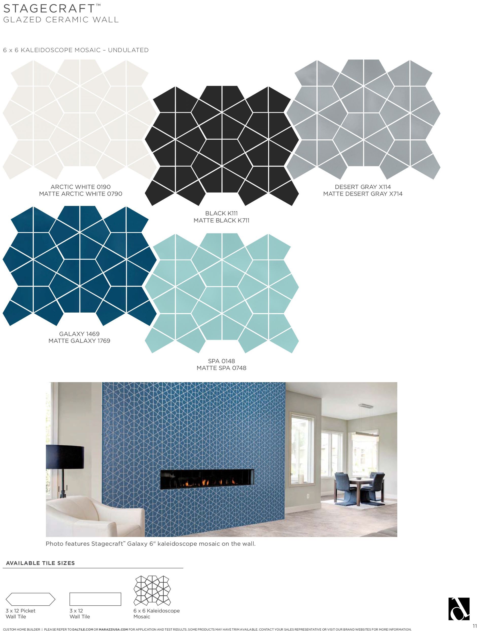 A living room with a fireplace and a dining room with a blue tile wall.