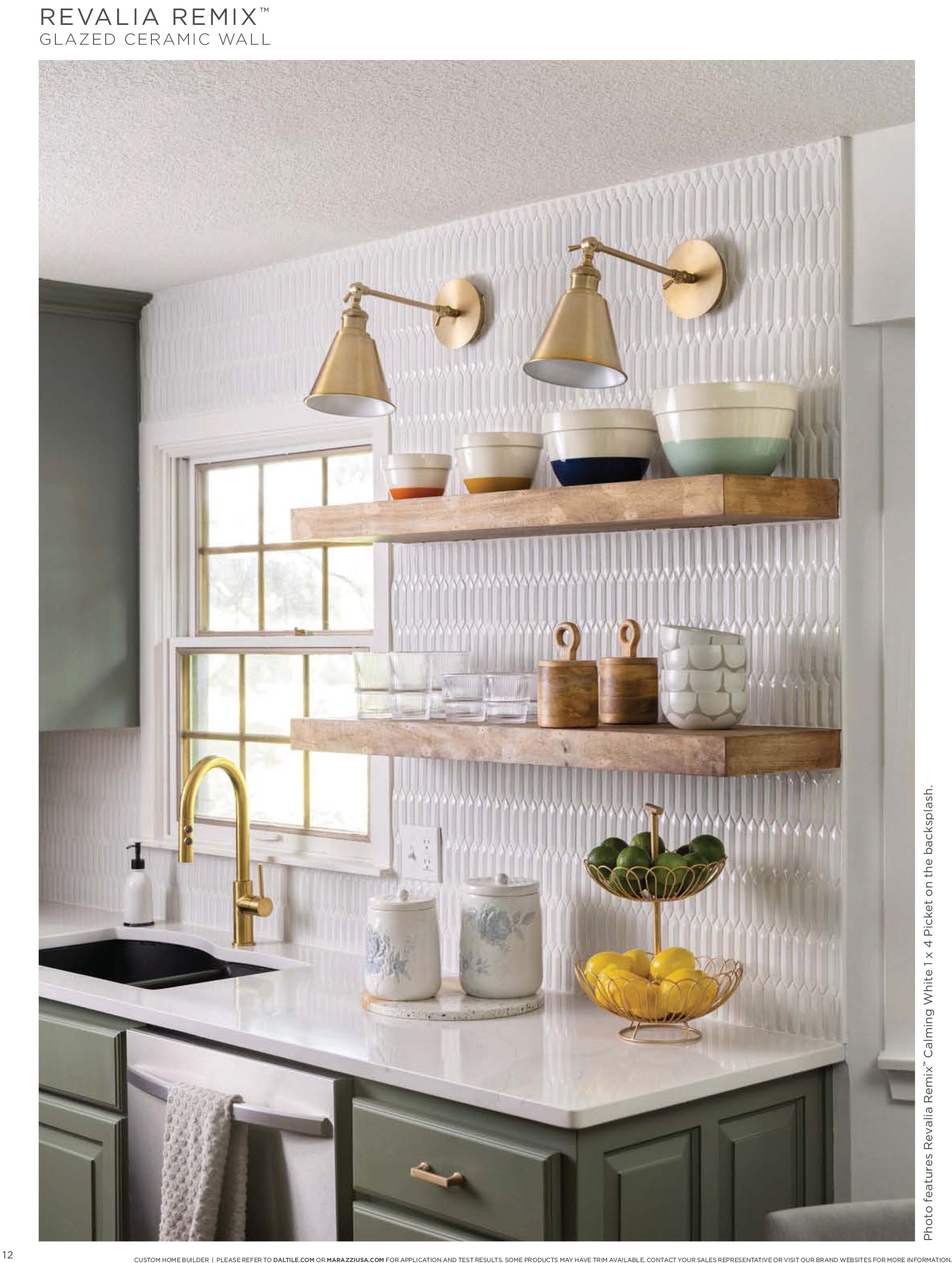 Tile backsplash | A kitchen with a sink , shelves , bowls and a window.