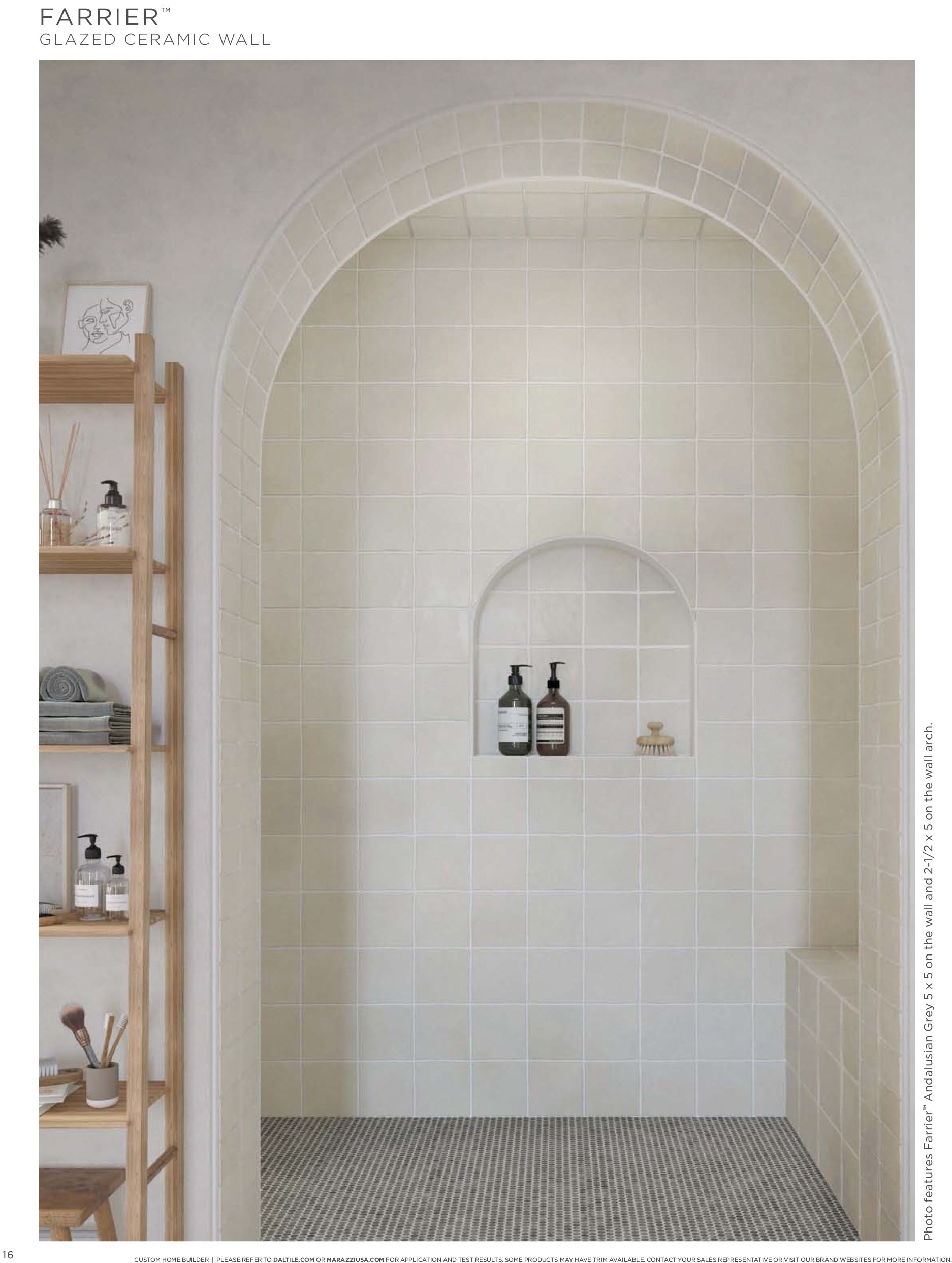 Shampoo niche | A bathroom with white tiles and a wooden shelf.