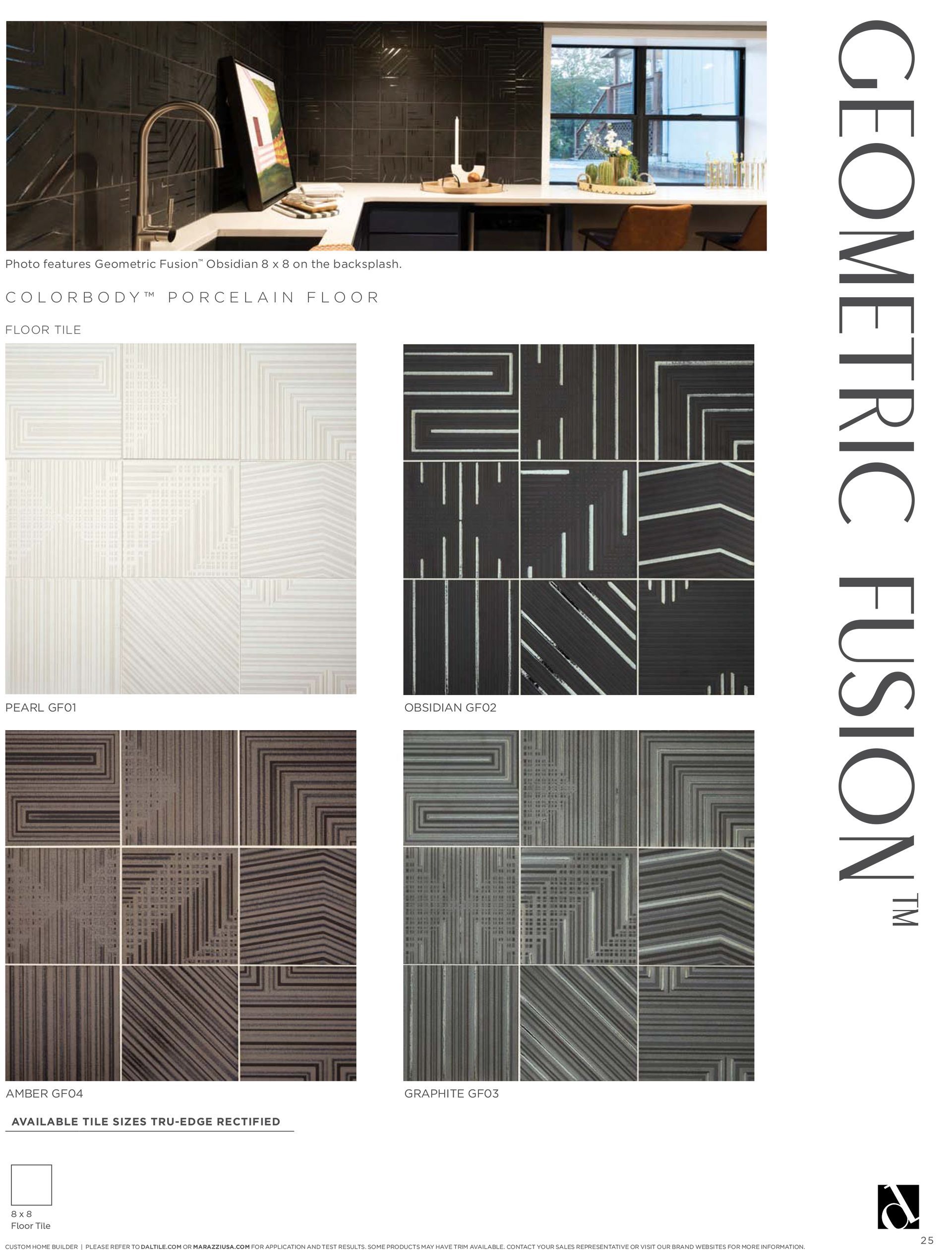 A brochure for geometric fusion tiles with a kitchen in the background.