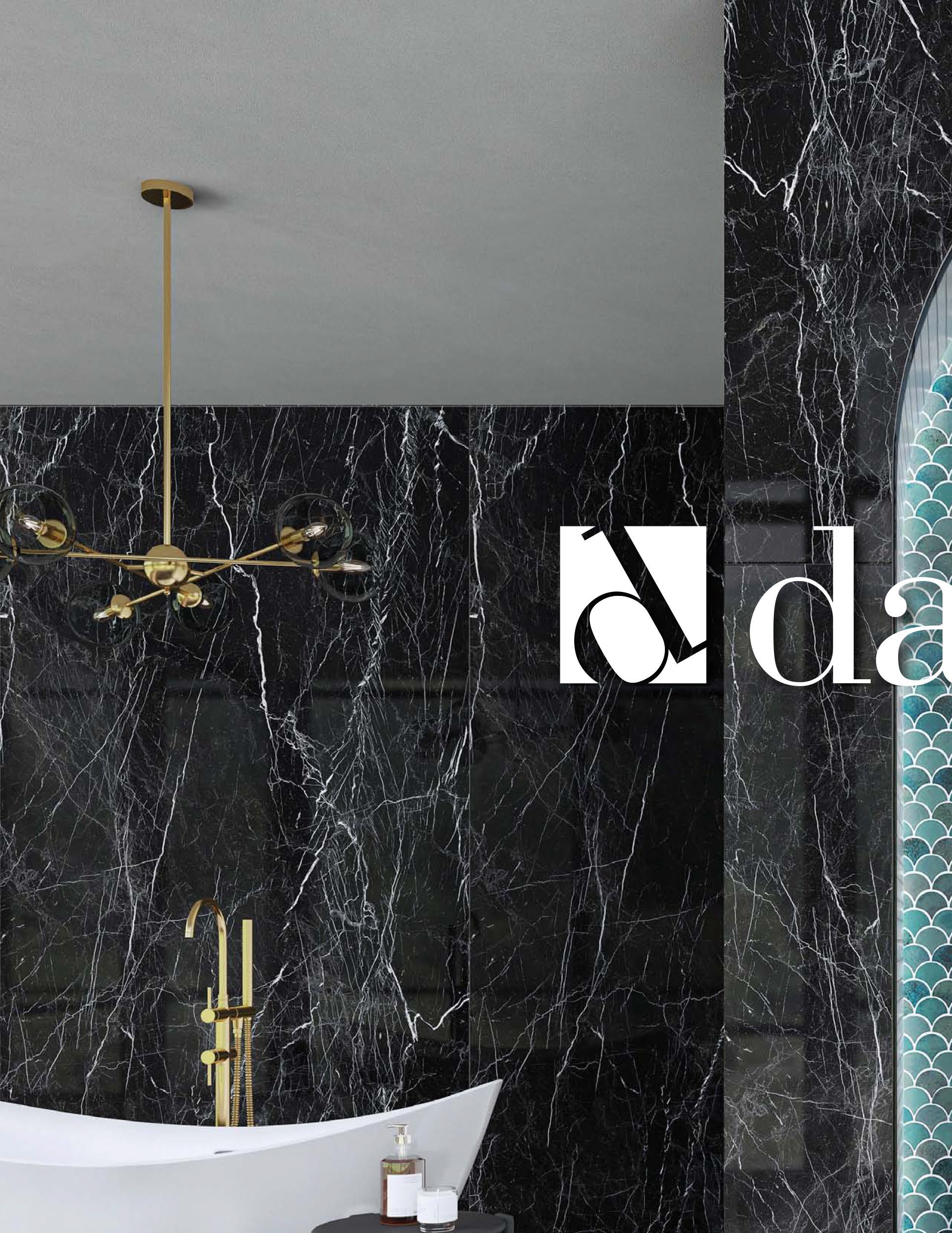 Remodel idea | A bathroom with black marble walls and a bathtub