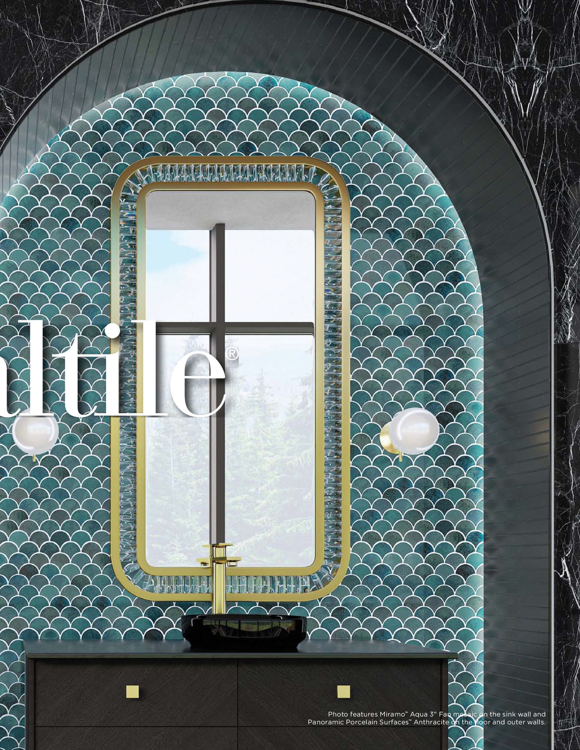 Custom tiling | A bathroom with blue tiles and a large mirror
