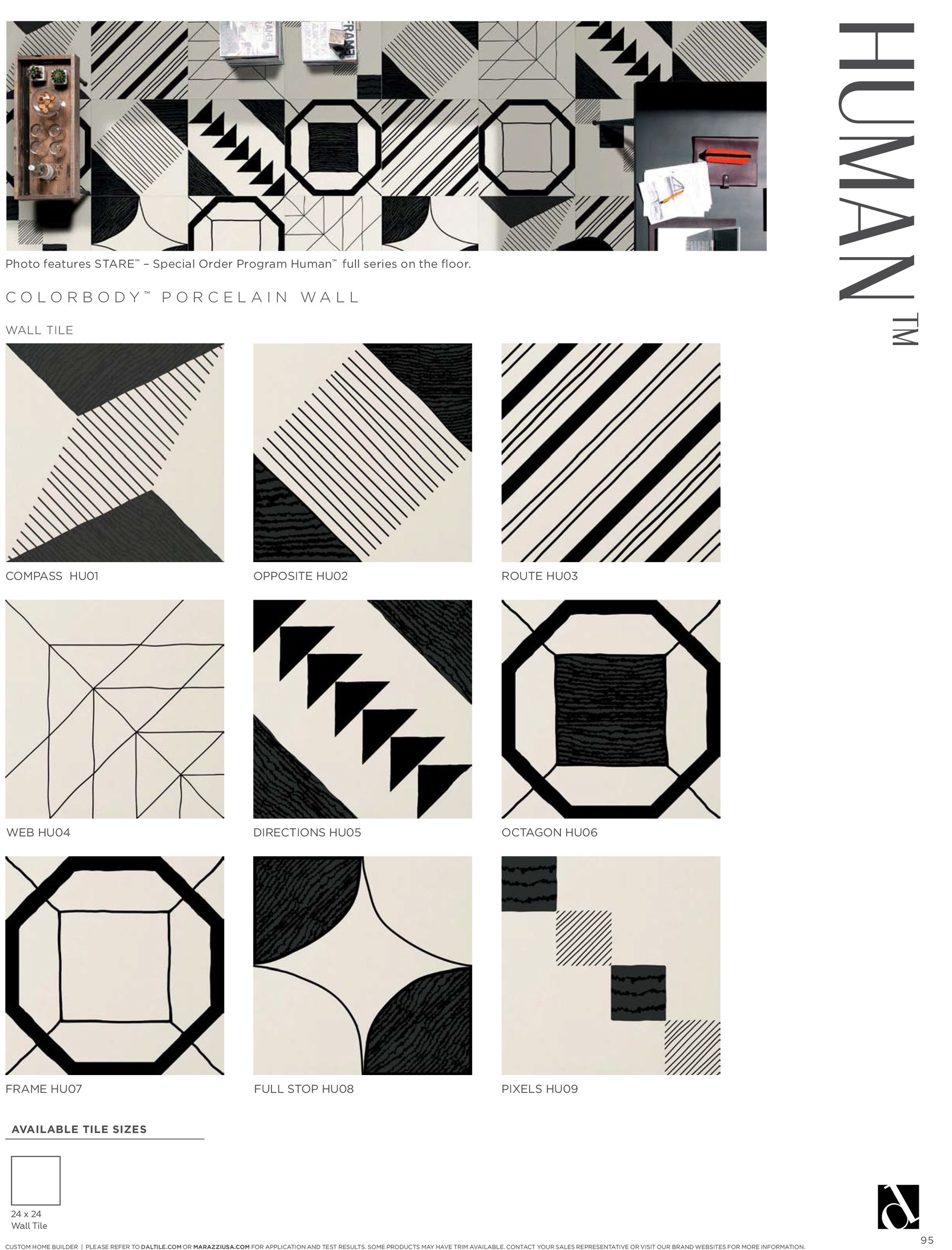 A black and white tile with a geometric pattern on it.