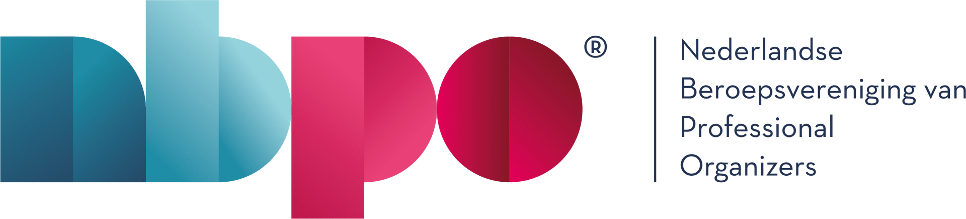 nbpo Logo voor de Nederlandse Beroepsvereniging van Professional Organizers met roze en turquoise elementen en tekst rechts.